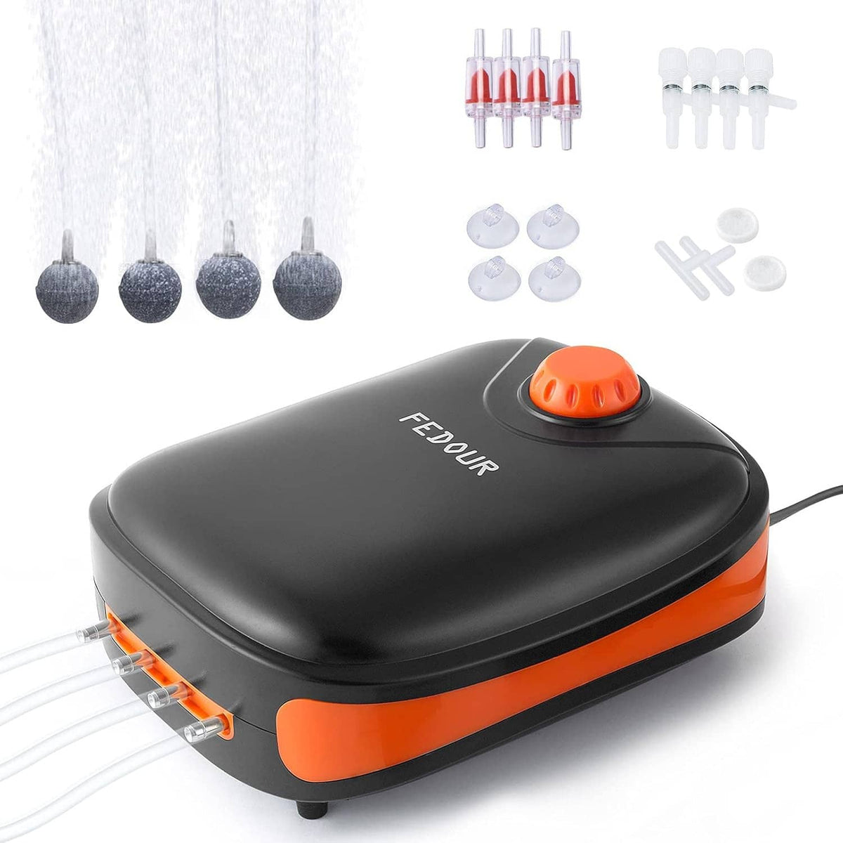 Compact electric aquarium air pump, black top and orange front band with control knob