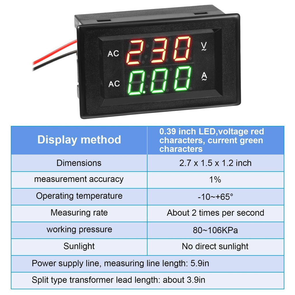 Black digital volt-amp meter displaying AC voltage 230 in red and AC current 0.00 in green LEDs.
