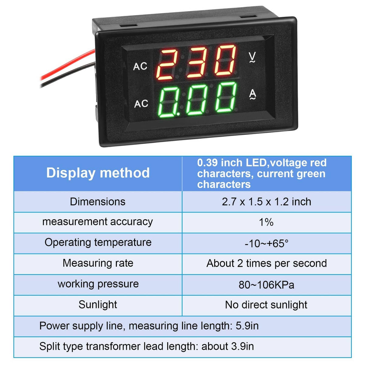 Black digital volt-amp meter displaying AC voltage 230 in red and AC current 0.00 in green LEDs.