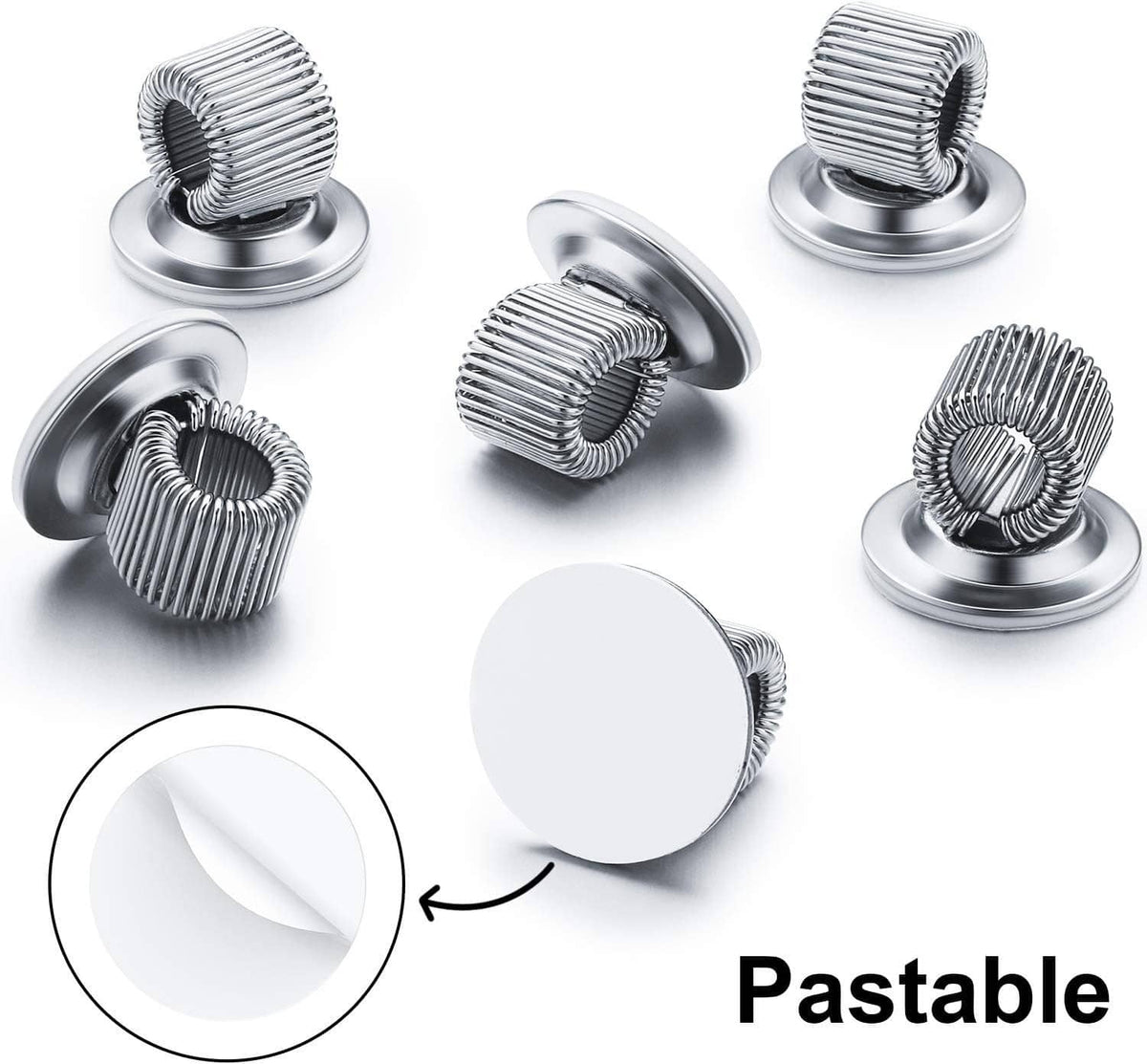 Assorted silver pen holder clips with coiled spring heads on round bases, angled view
