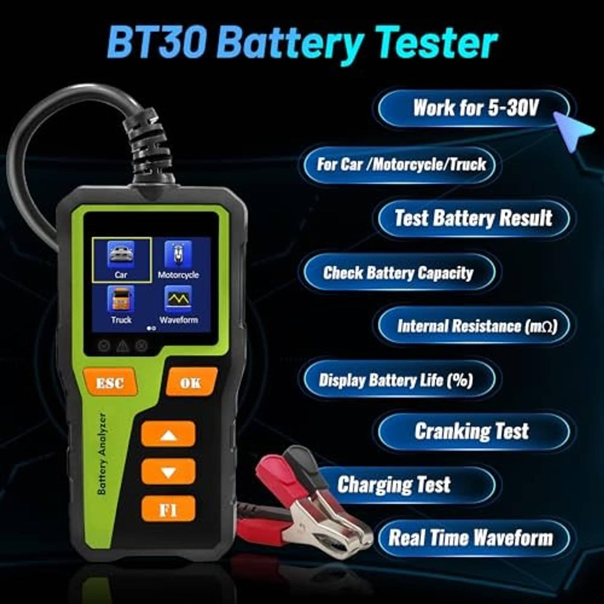 Car battery tester with LCD display, orange function buttons, and red clamp
