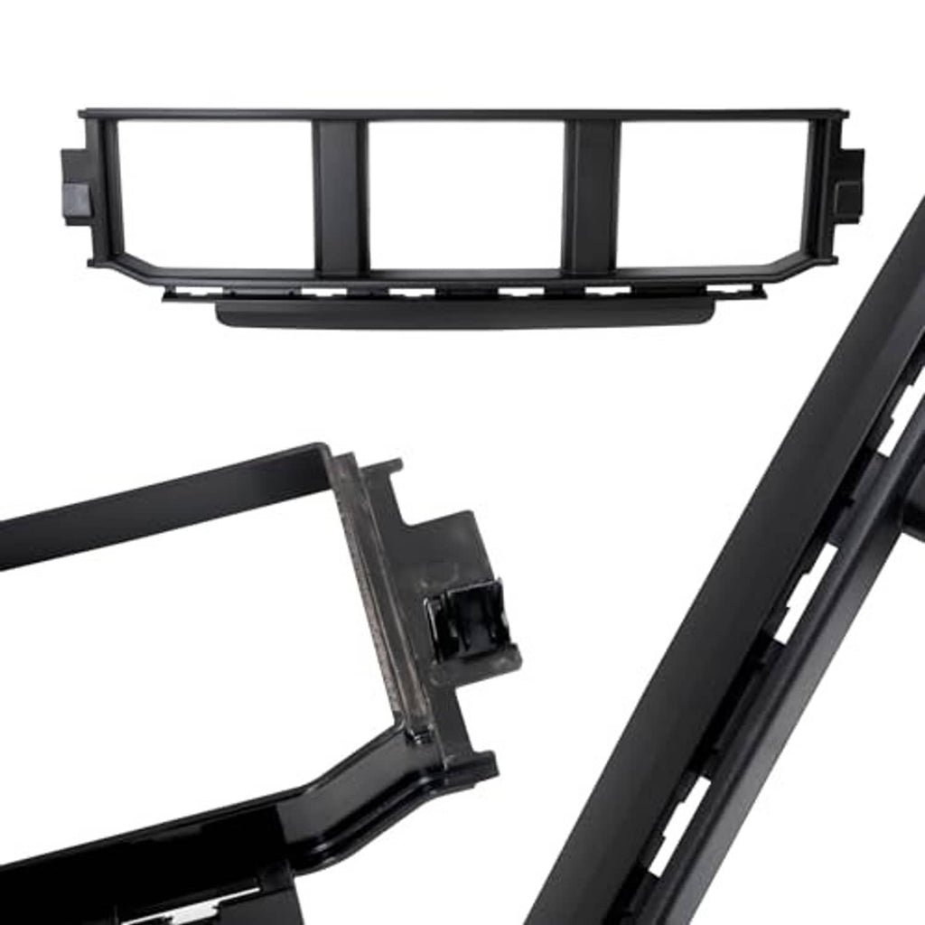 Black bumper grille insert close-up showing corner bracket and slat frame