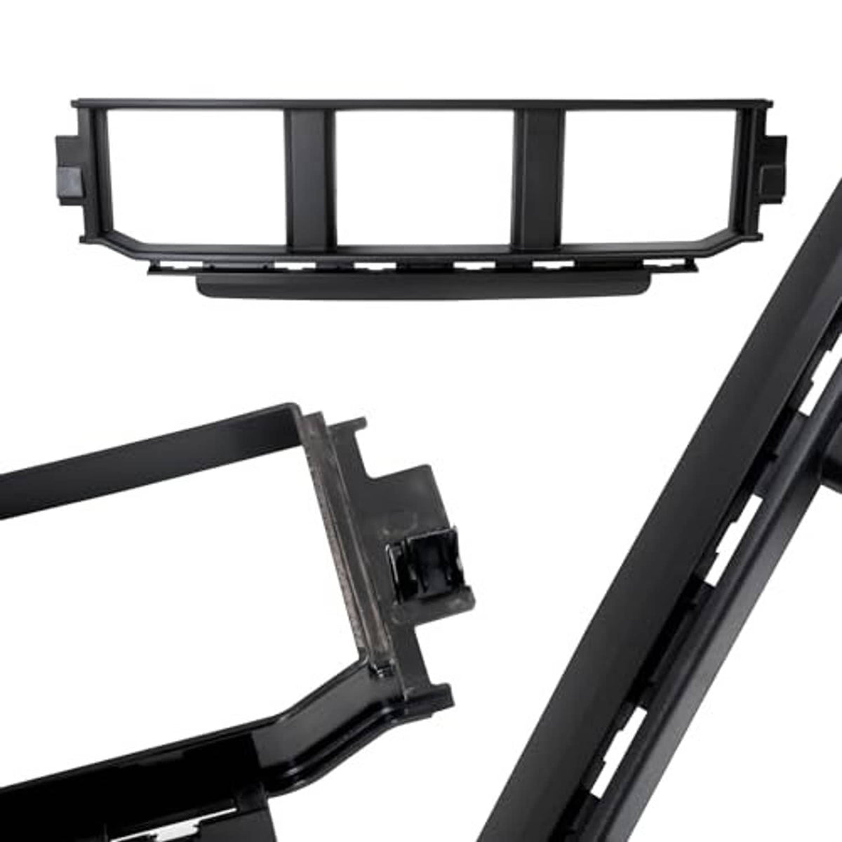 Black bumper grille insert close-up showing corner bracket and slat frame