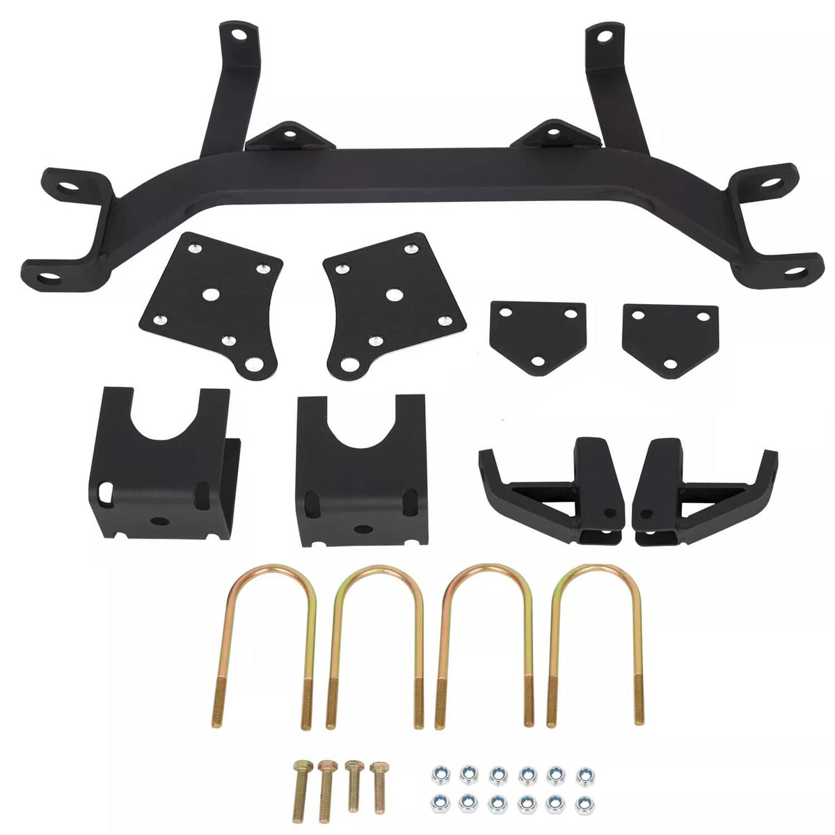 Golf cart axle lift kit hardware set with black brackets, bolts, and U-bolts
