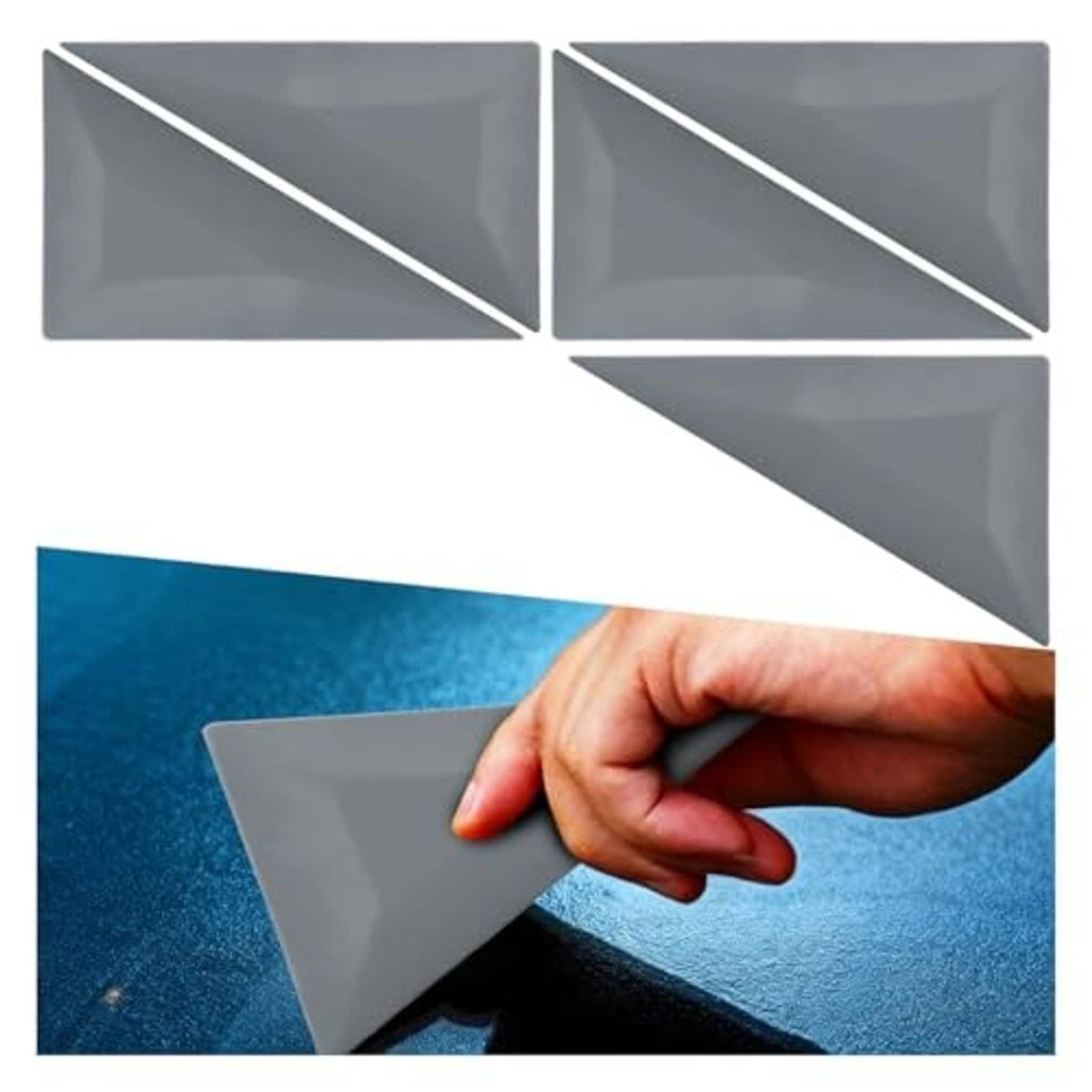Gray triangular plastic window tint squeegee with hand applying to window film
