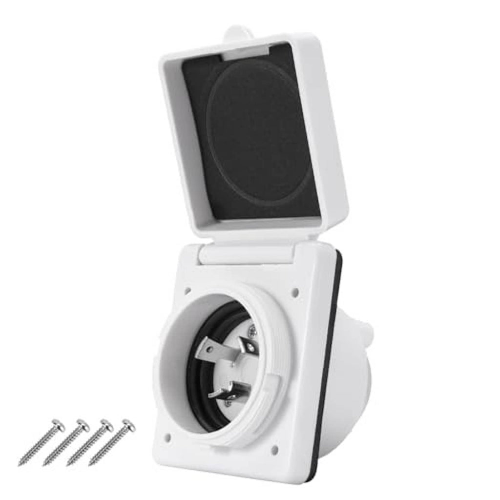 White RV shore power inlet with hinged cover open, showing circular twist-lock socket
