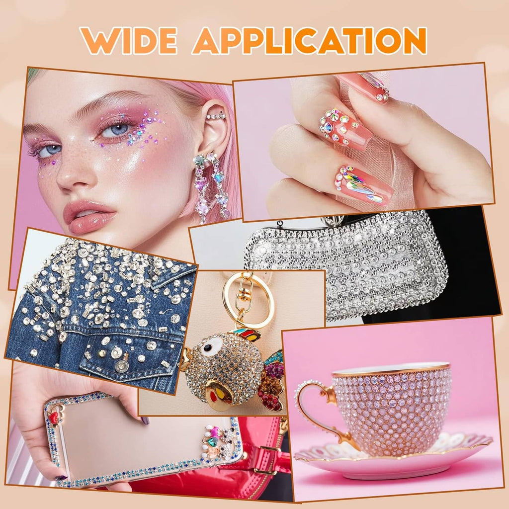 Rhinestone embellishments on accessories and fabric, shown with gem-applying tools