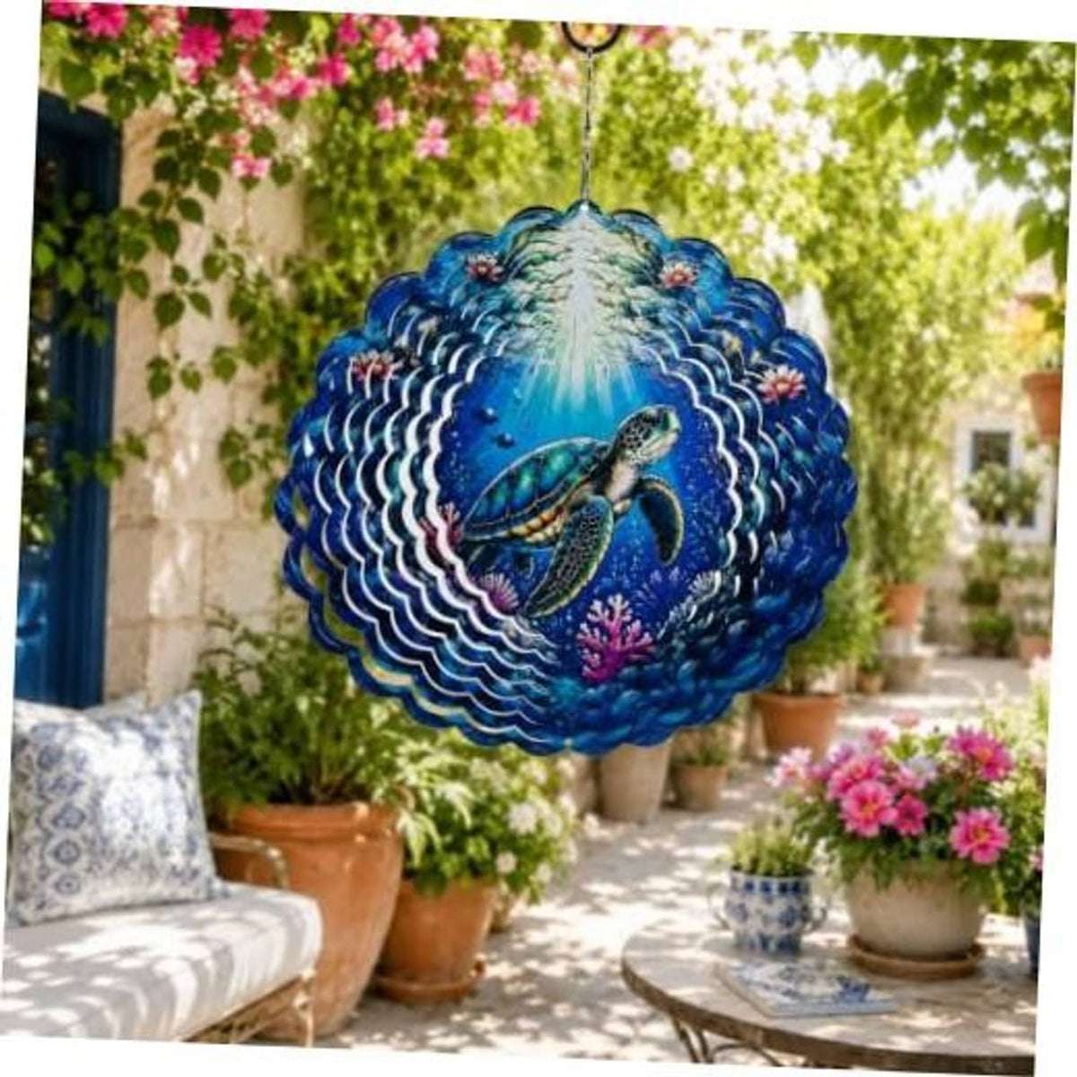 Blue sea turtle wind spinner with layered shell pattern and hanging hook, 12 in