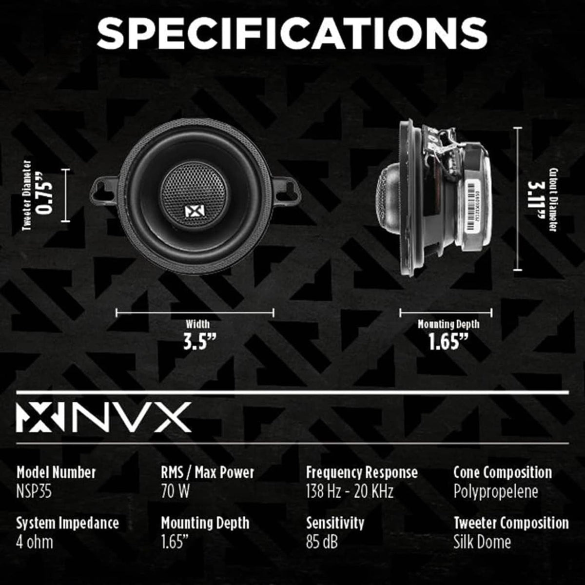 Black 3.5-inch 2-way coaxial car speaker with mounting and depth dimensions view