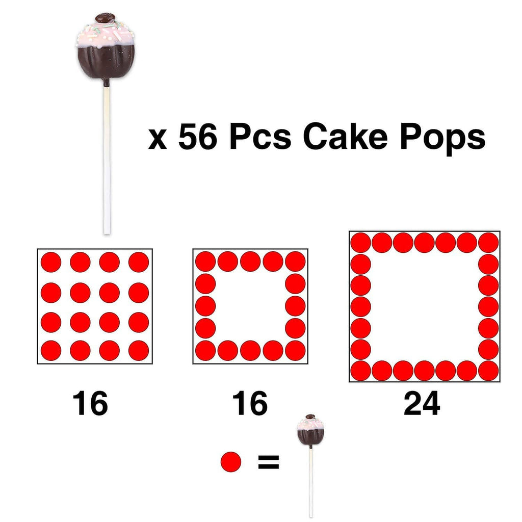 Clear three-tier cake pop stand illustration with hole layout for 56 cake pops