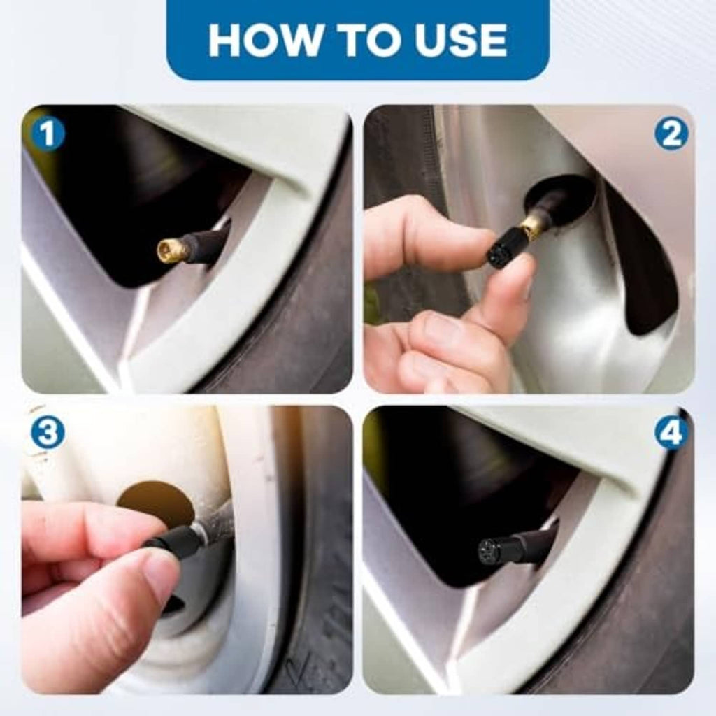 Set of black aluminum tire valve stem caps, shown being installed on a wheel rim