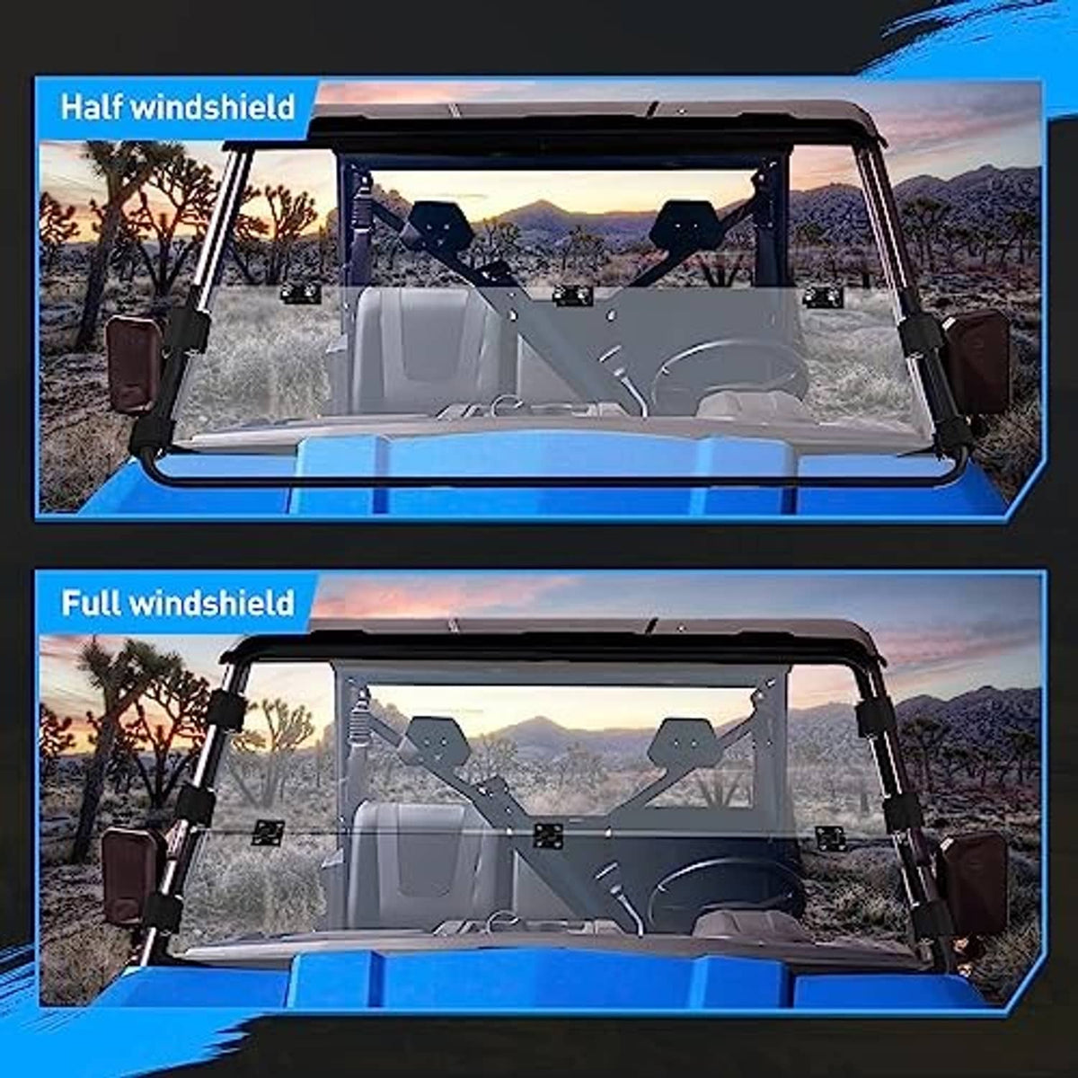 Full UTV windshield assembly with clear panels and black side supports