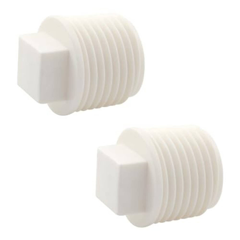Pair of white PVC 1/2 in male thread end cap plugs with square covers