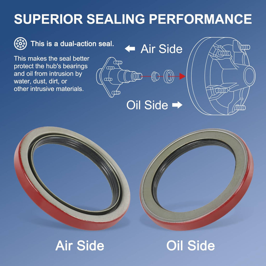 Pair of oil seals with red outer rubber and black metal rings, side-by-side