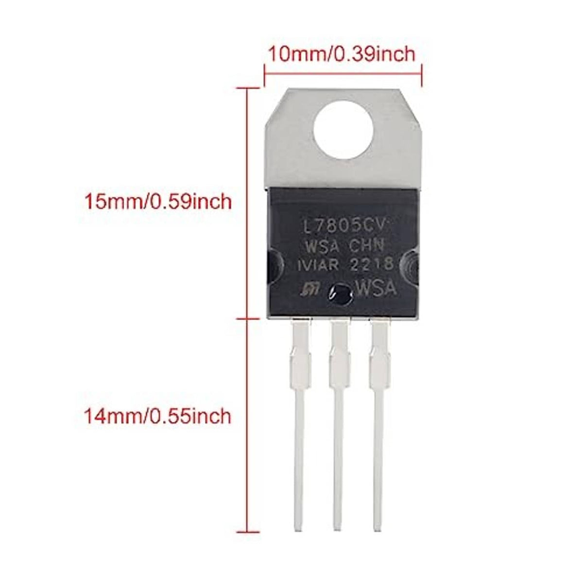 L7805CV 5V regulator IC dimensions shown: 10mm x 15mm, mounting hole, 3 pins