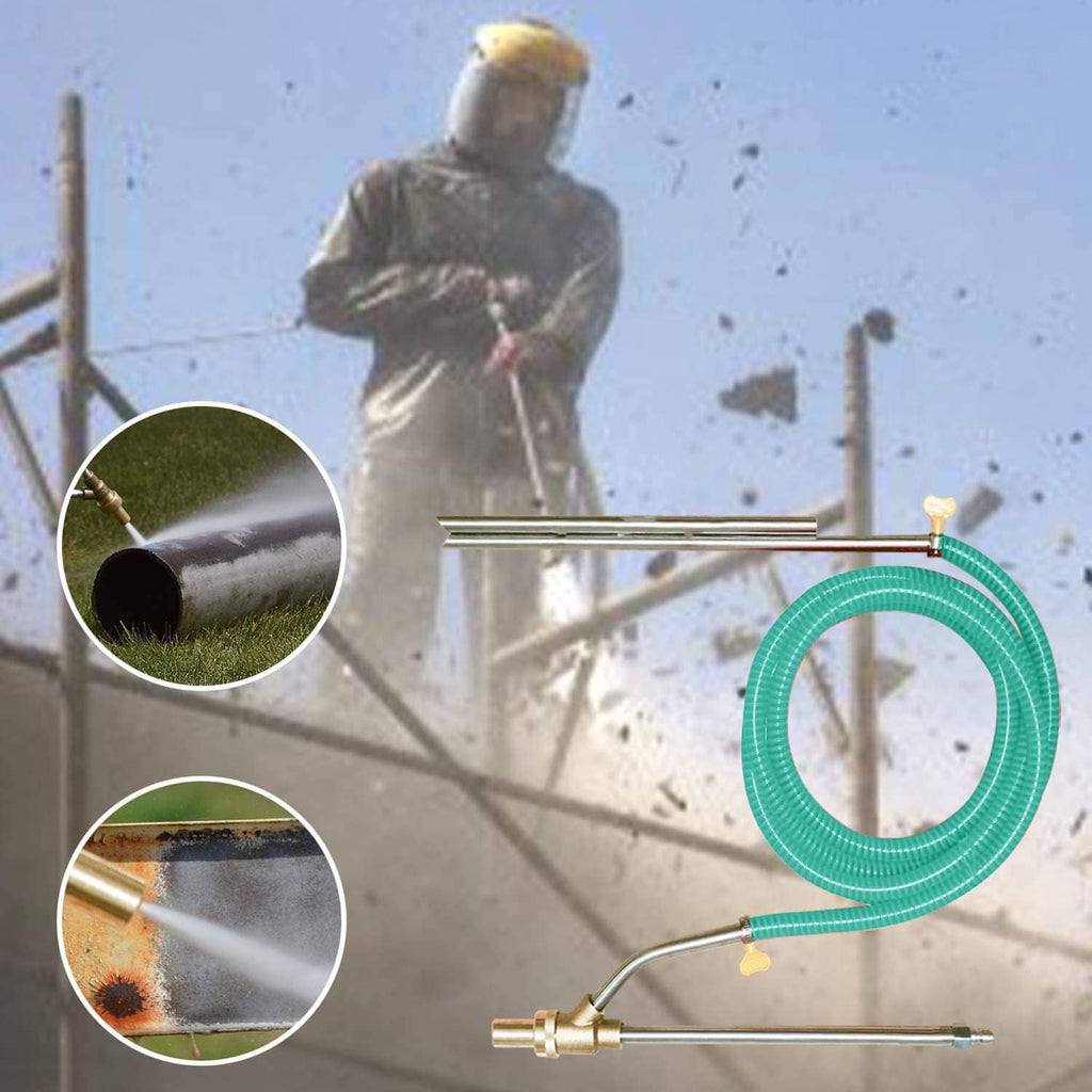 Sandblasting kit attachment with green hose for high-pressure concrete surface cleaning
