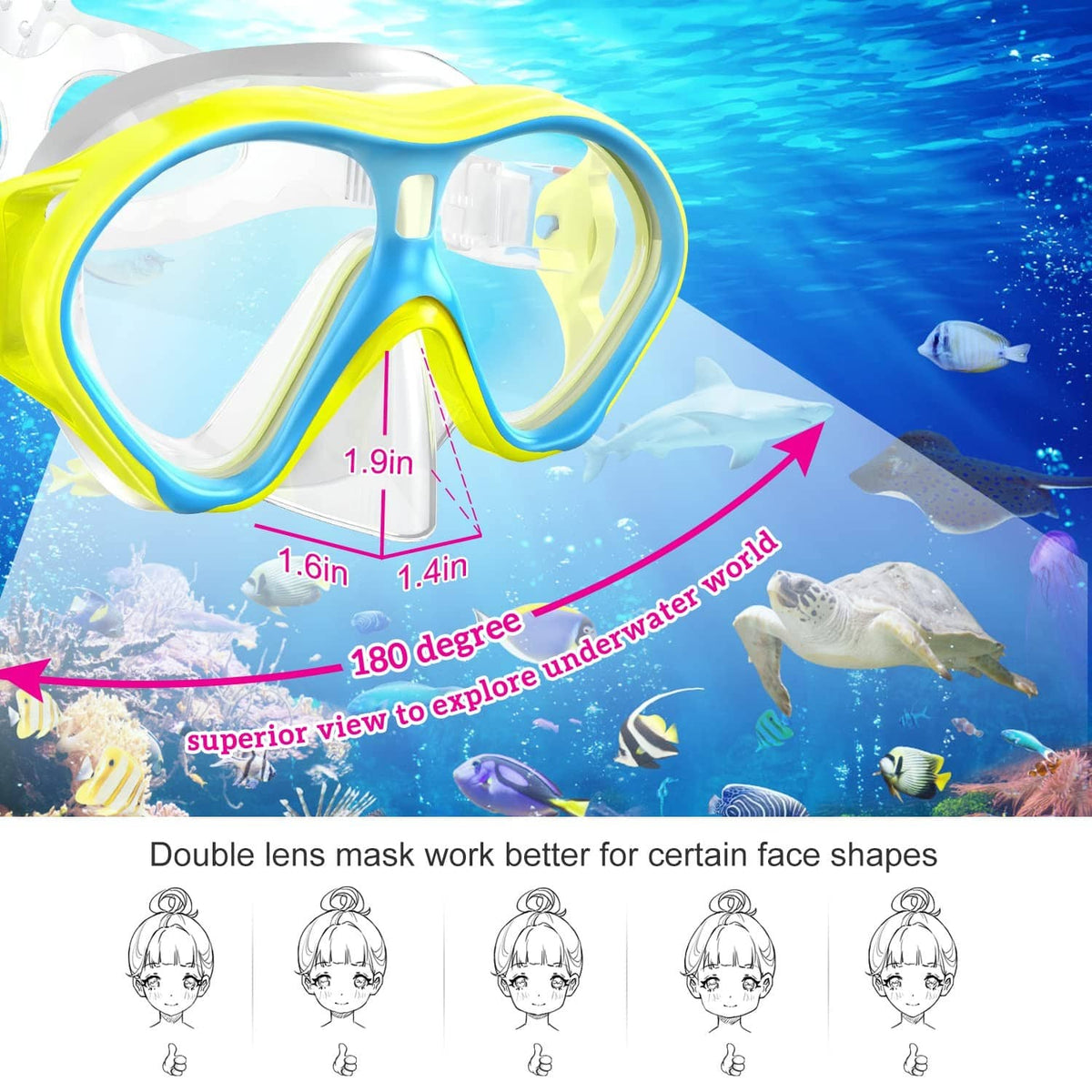 Double-lens kids snorkel mask with yellow skirt and blue snorkel tube