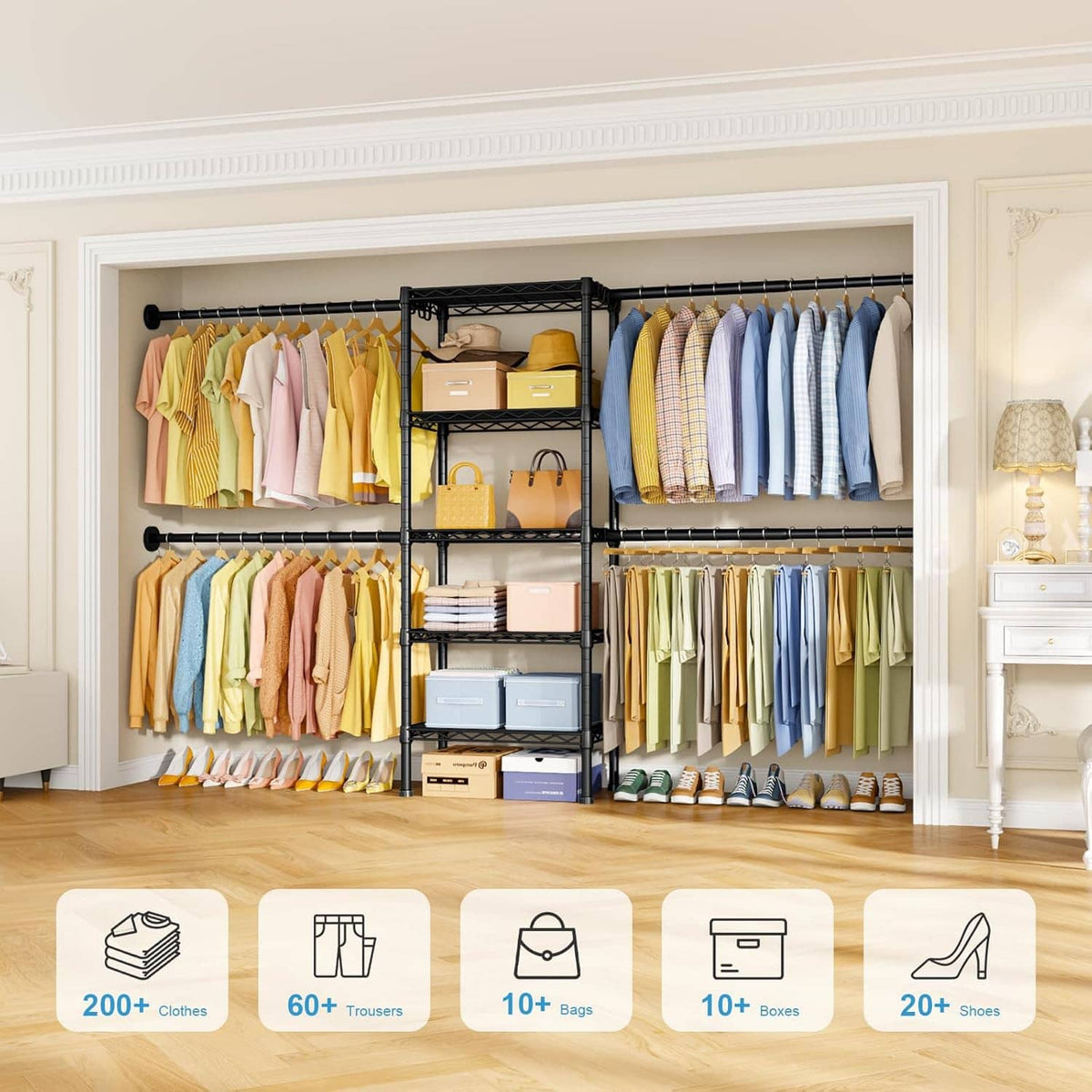 Wall-mounted black closet rack with hanging rods, wire shelves, and neatly stored bags.
