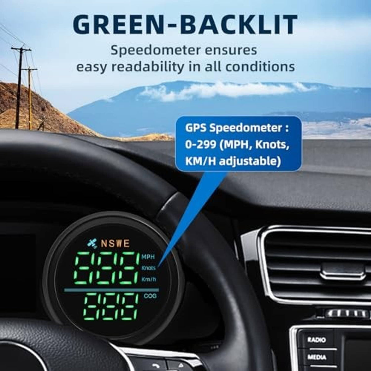 Round GPS speedometer gauge with green display mounted on a dashboard