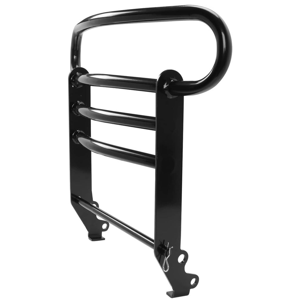 Black bumper brush guard with curved bull bar and multiple horizontal rails, angled