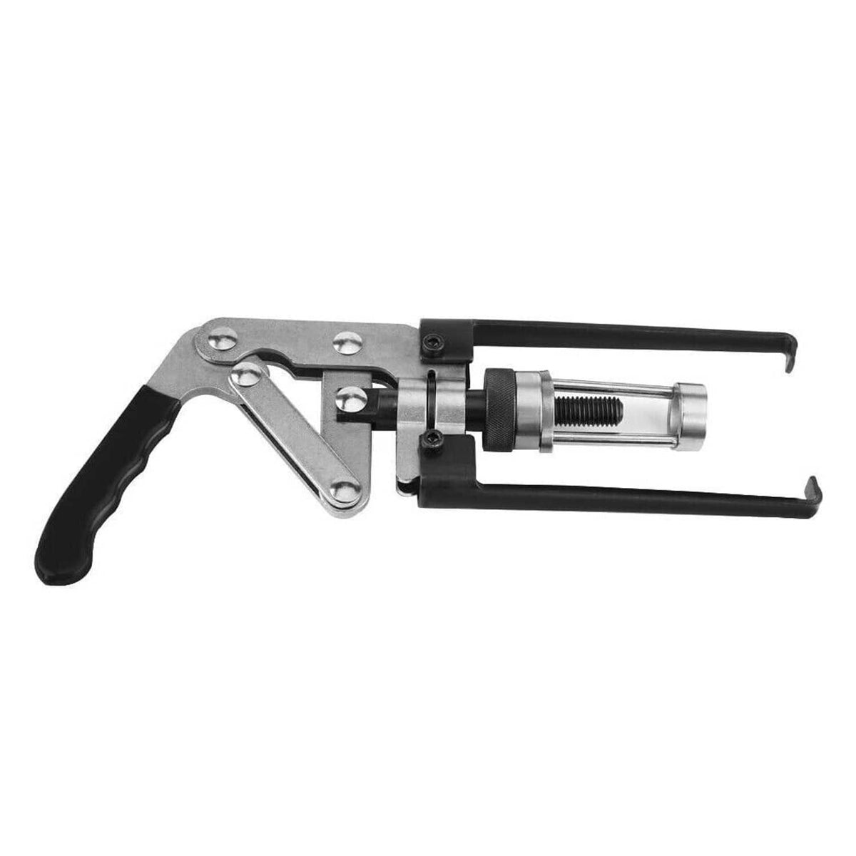 Long overhead engine valve spring compressor with lever handles and threaded screw