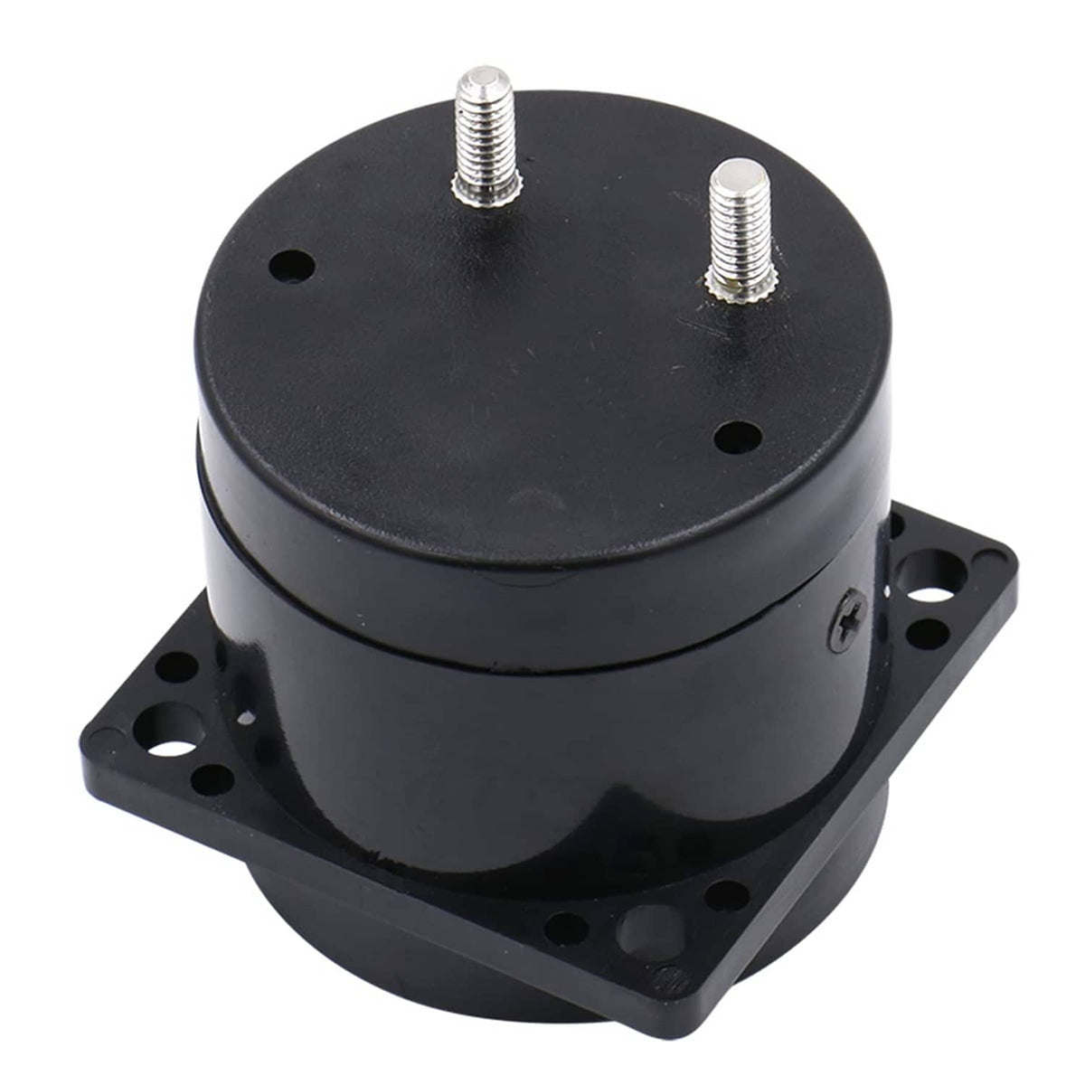 Black round meter housing with top stud bolts and square mounting base