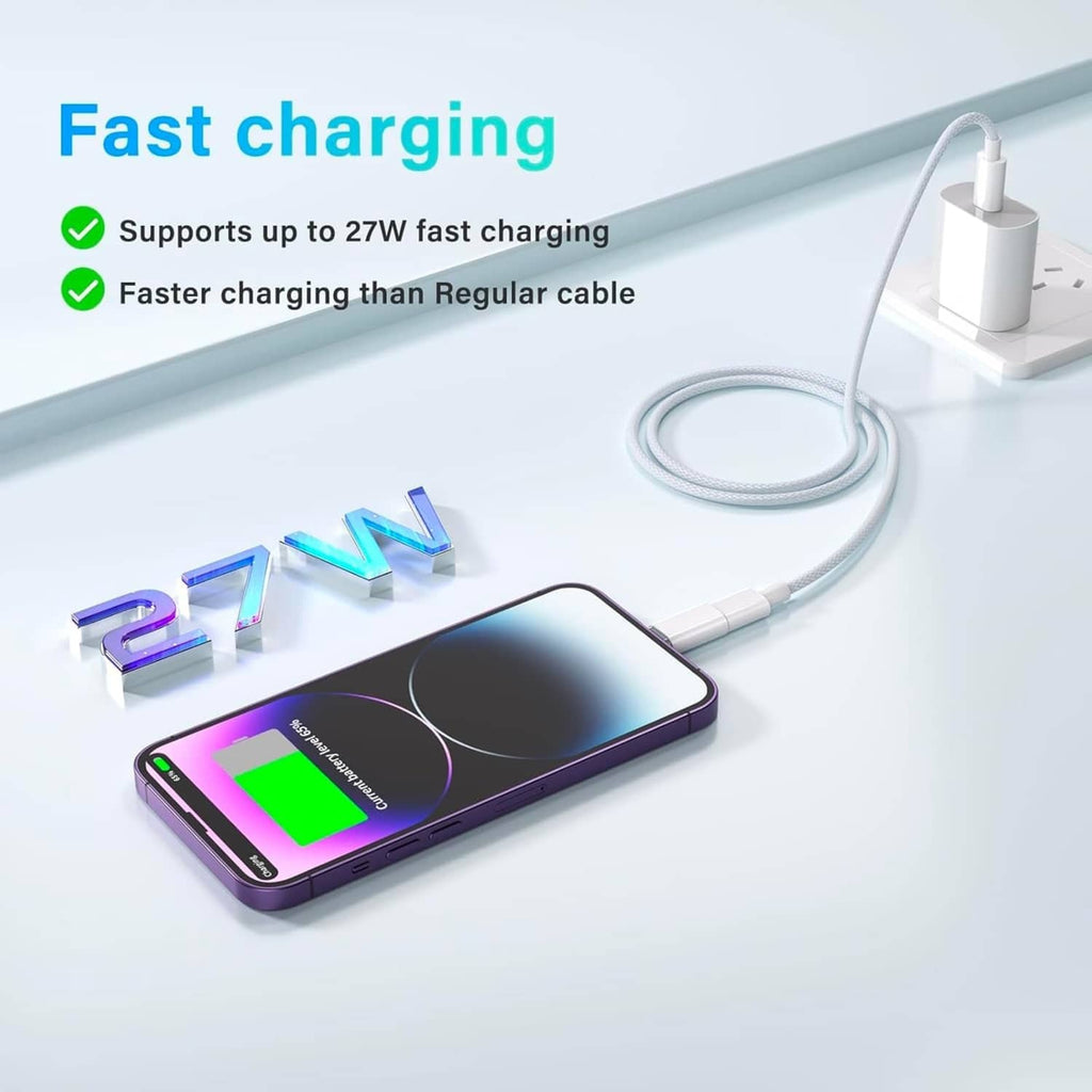 White USB-C to Lightning adapter connected to a phone charging setup