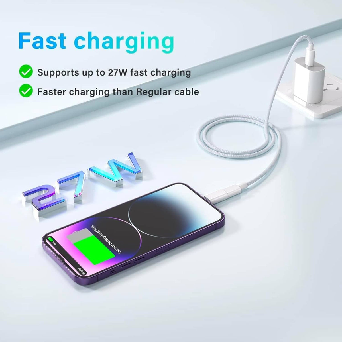 White USB-C to Lightning adapter connected to a phone charging setup
