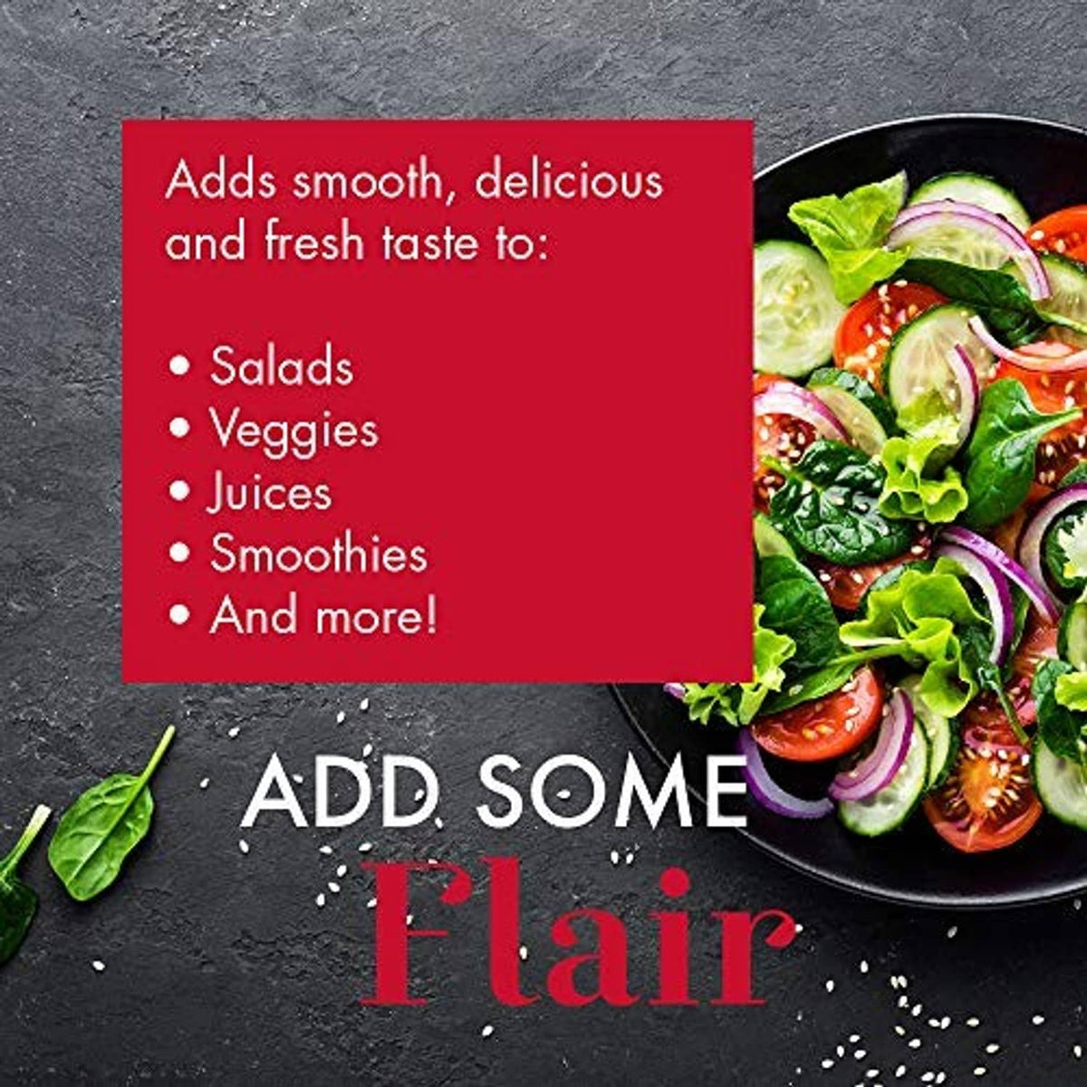 Apple cider vinegar serving ideas graphic with salad bowl and "Add some Flair" text