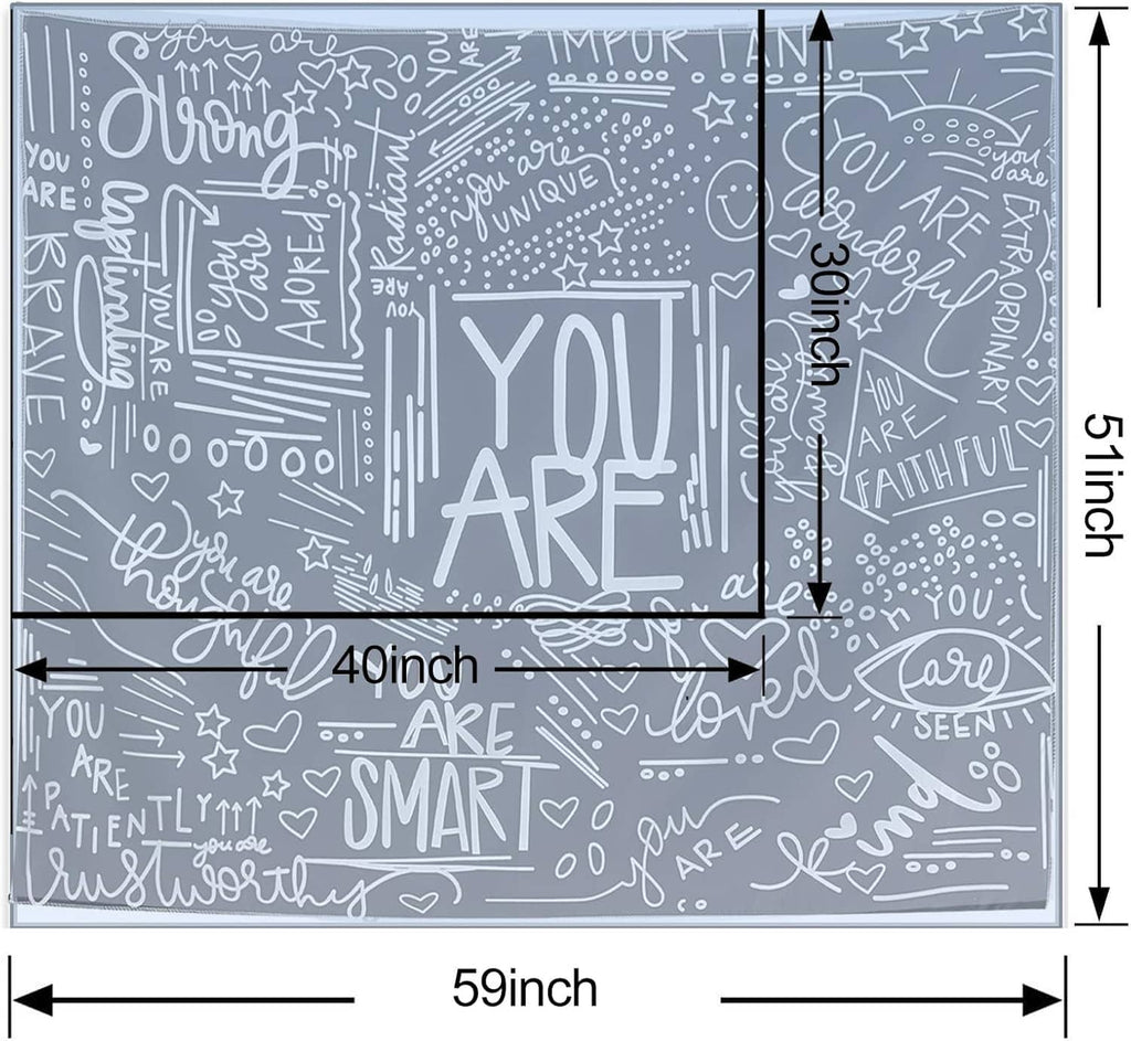 Black and white inspirational tapestry layout with 59x40 inch size guide markings
