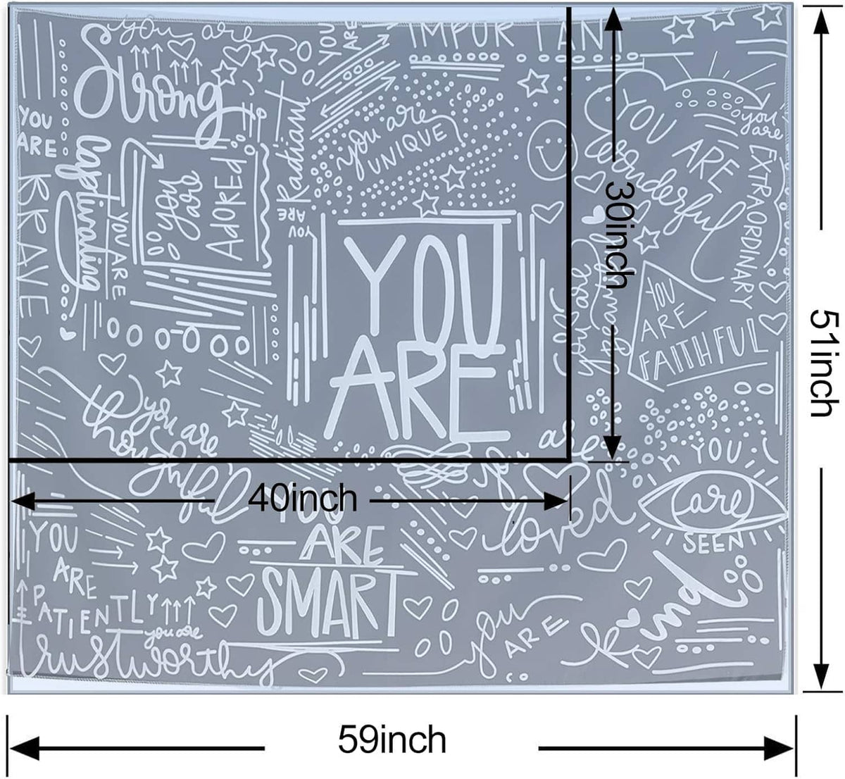 Black and white inspirational tapestry layout with 59x40 inch size guide markings