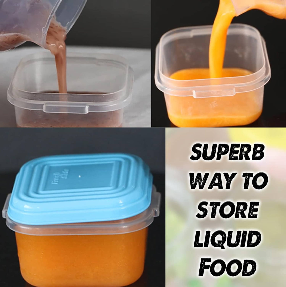 Clear baby food container with orange puree being poured in