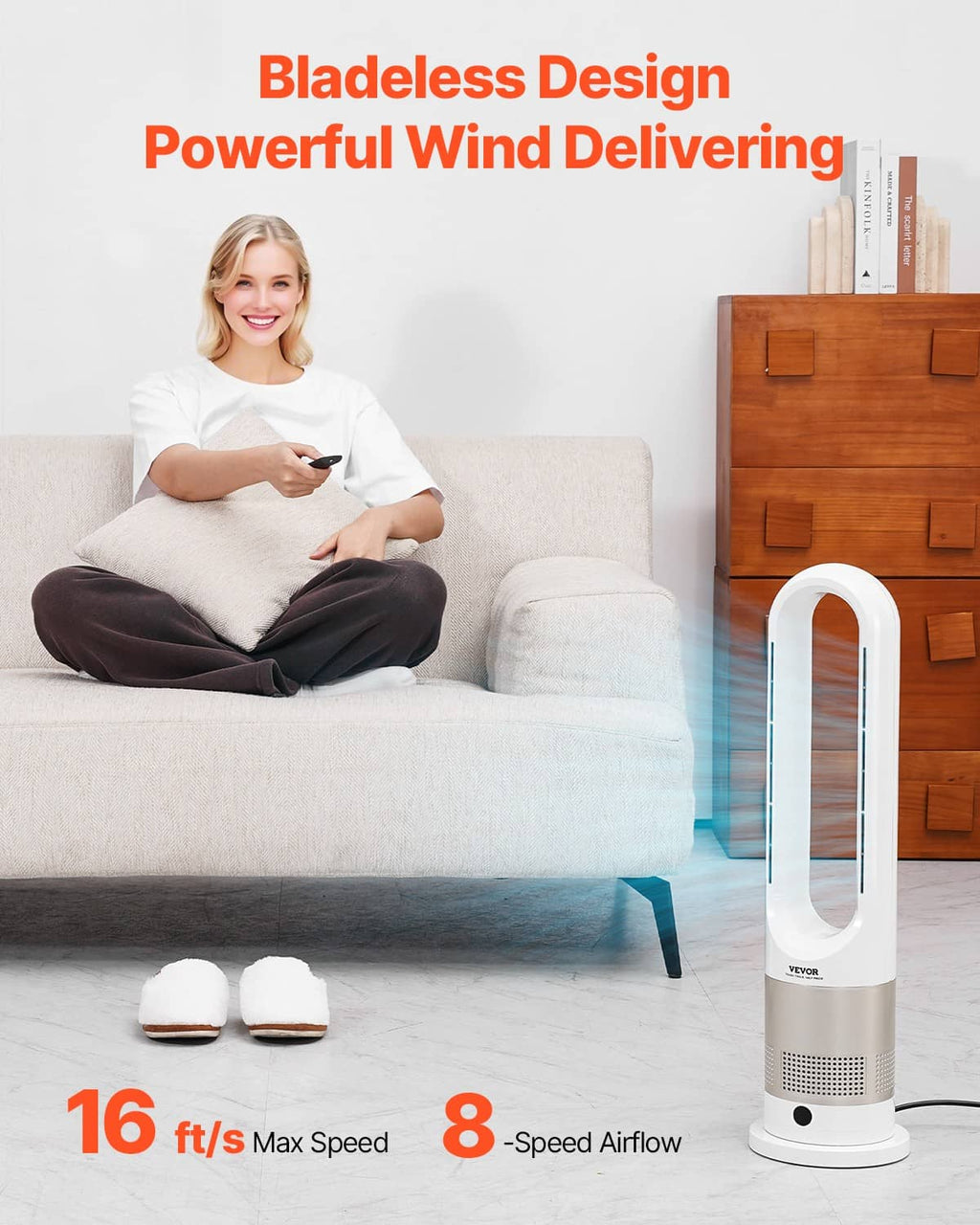 Uimoso bladeless tower fan heater standing on base with side air vents
