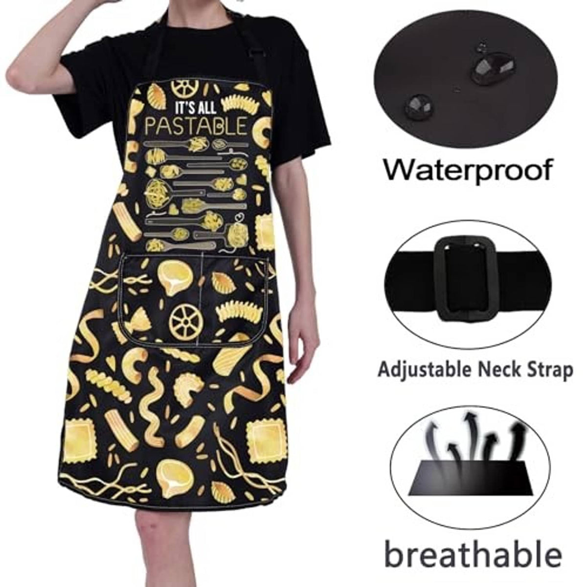 Black pasta-themed apron with 'IT'S ALL PASTABLE' text, adjustable neck strap