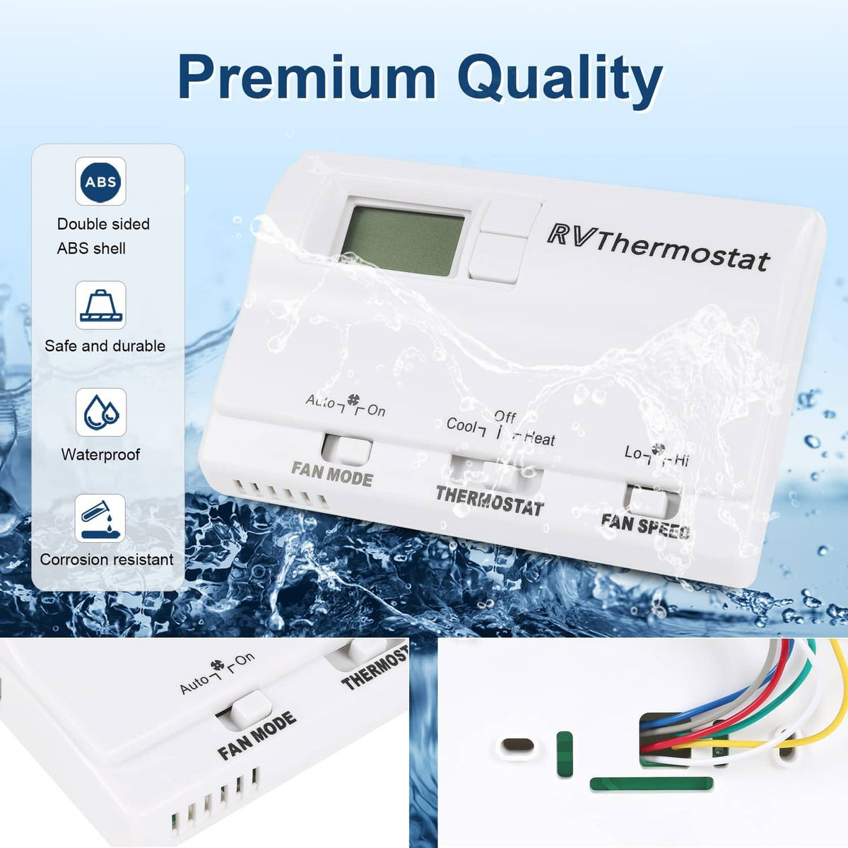 White RV digital thermostat with LCD screen and waterproof, durable design indicators