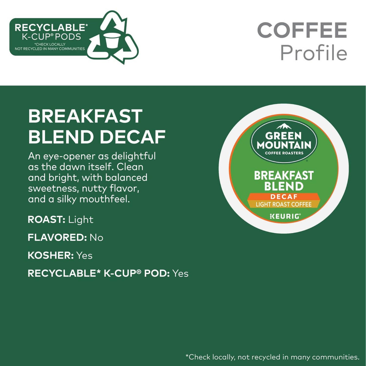 Green Mountain Breakfast Blend decaf coffee profile graphic with pod cup
