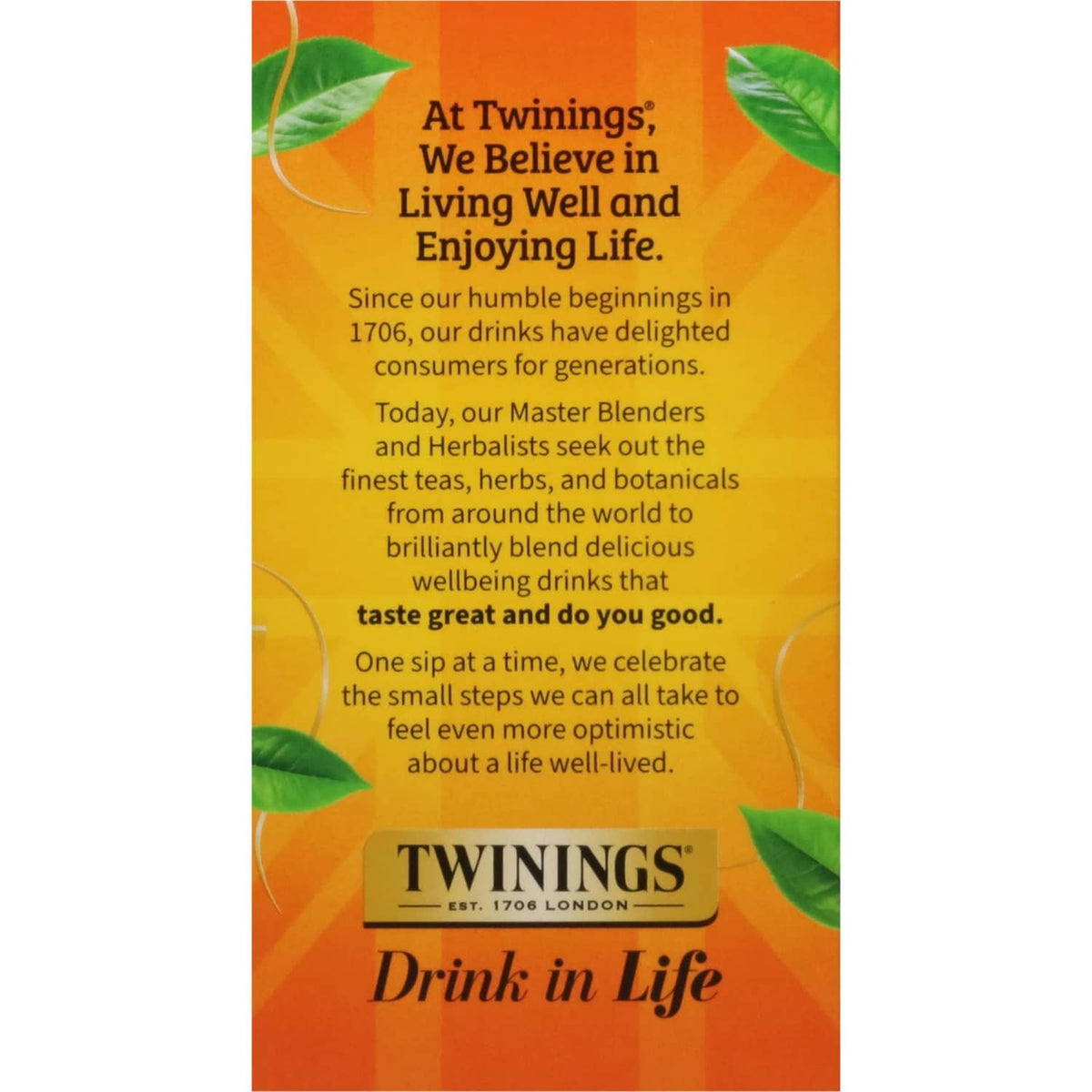 Twinings Drink in Life brand message on orange packaging