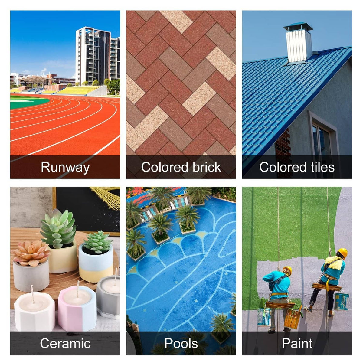 Iron oxide pigment powder applied to runway, brick, tiles, ceramic items, pools, and paint