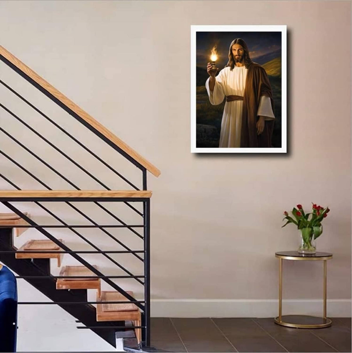 Framed diamond painting of Jesus holding a lantern, white robe and brown cloak