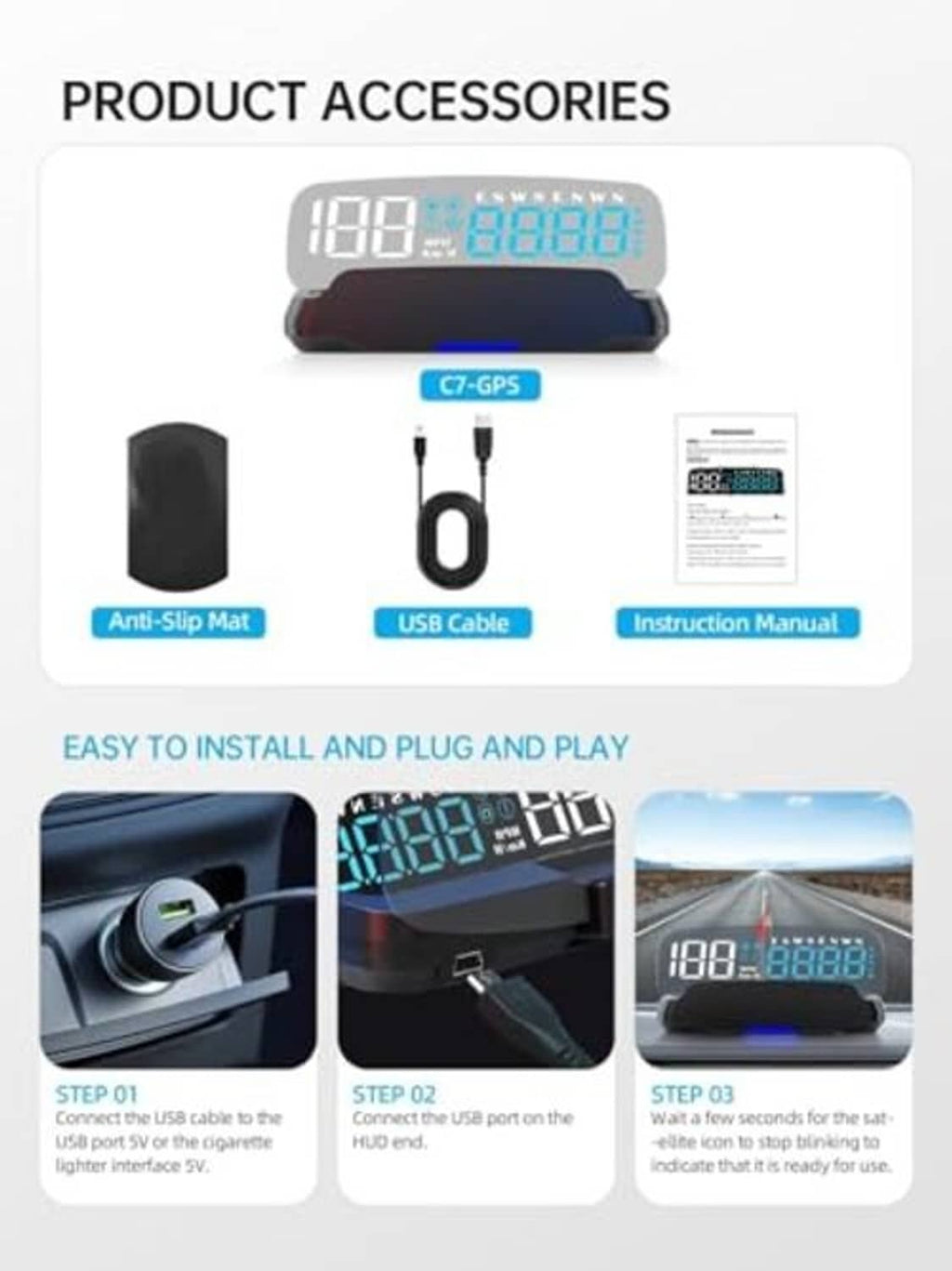 Car head-up display accessories set with USB cable, anti-slip mat, and instruction manual