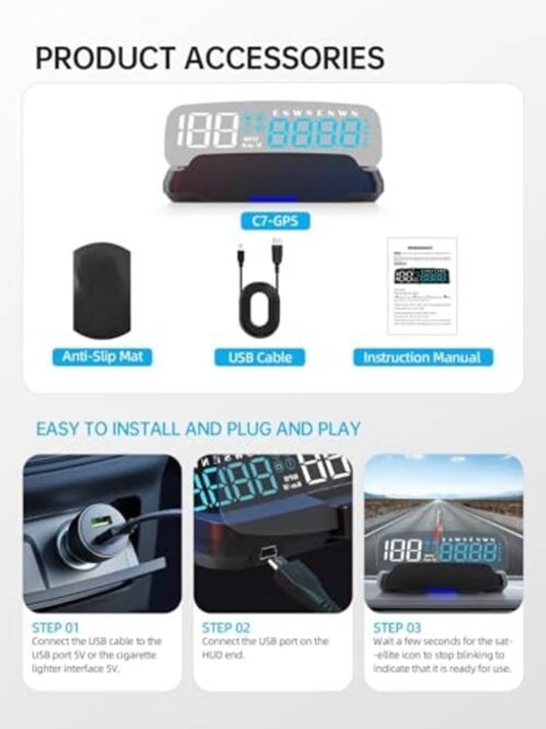 Car head-up display accessories set with USB cable, anti-slip mat, and instruction manual
