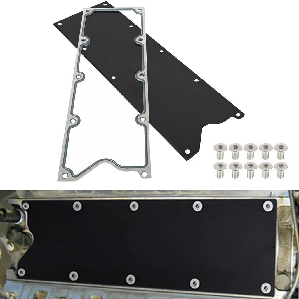 Knock sensor delete plate set: black cover panel, gasket, and bolt hardware