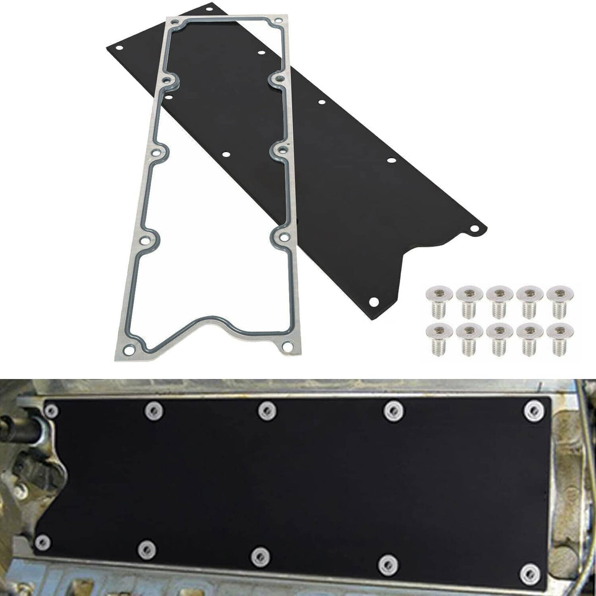 Knock sensor delete plate set: black cover panel, gasket, and bolt hardware