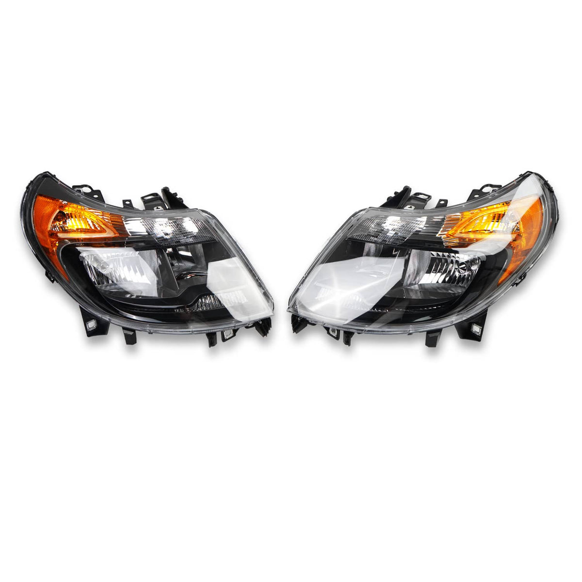 Set of two black housing headlights with amber turn signal lenses and clear projector lenses
