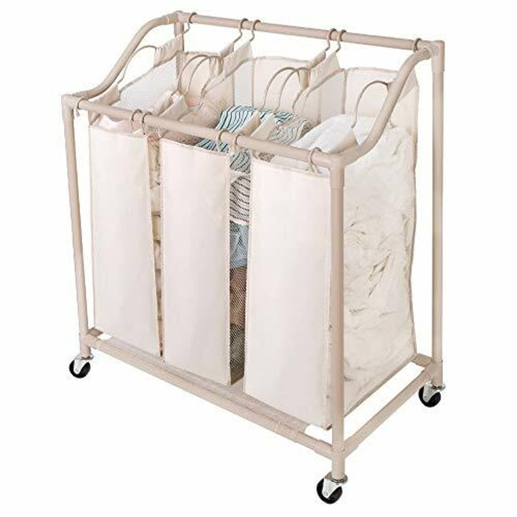 Three-compartment rolling laundry hamper with breathable mesh sides and top carry frame