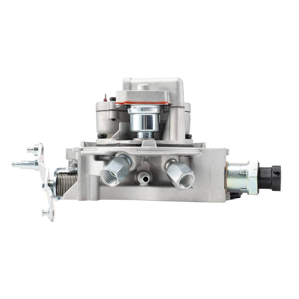 Throttle body assembly front view with three outlet ports and cylindrical actuator