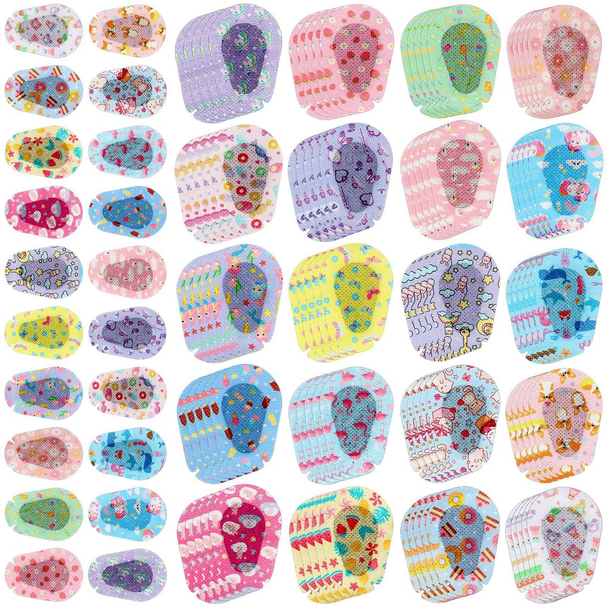 Set of colorful kids adhesive eye patches with cute animal and icon patterns, mixed sizes