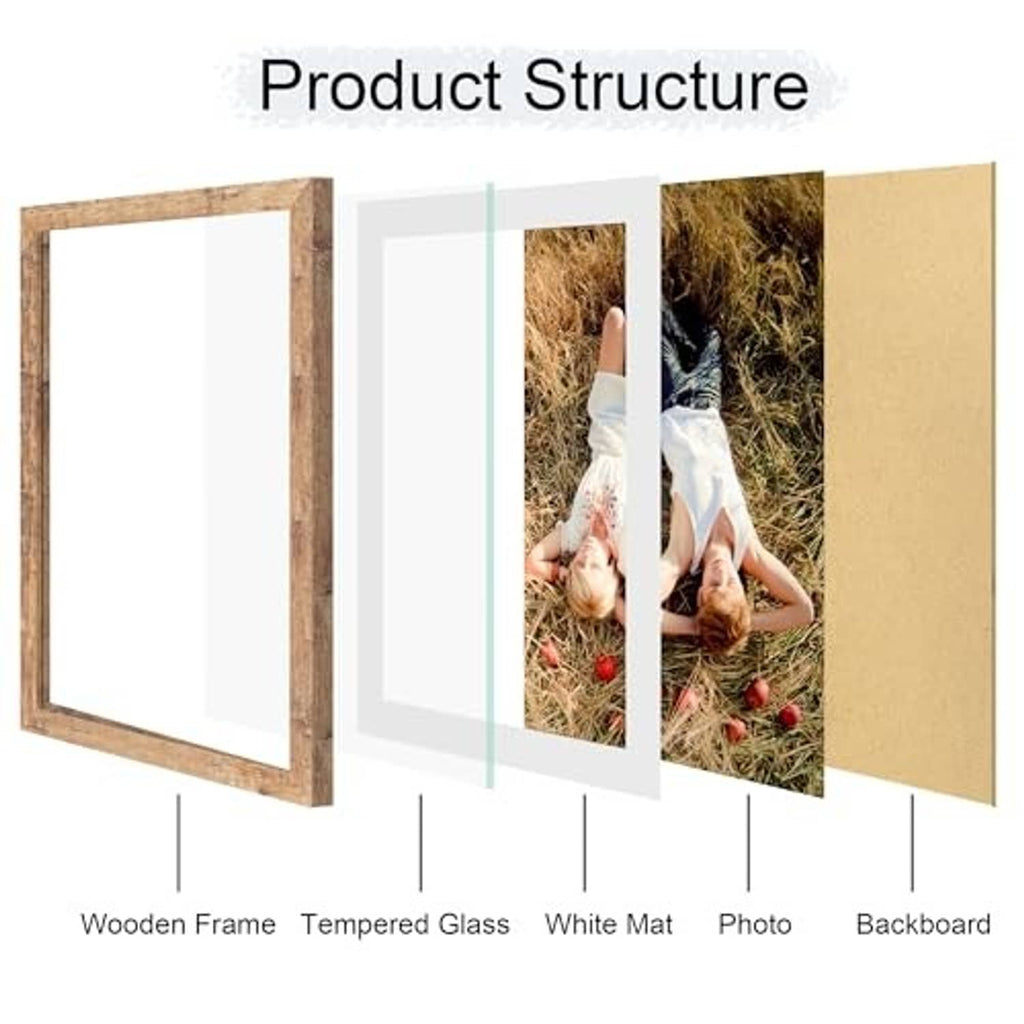 Picture frame parts: rustic wooden frame, tempered glass, white mat, backboard