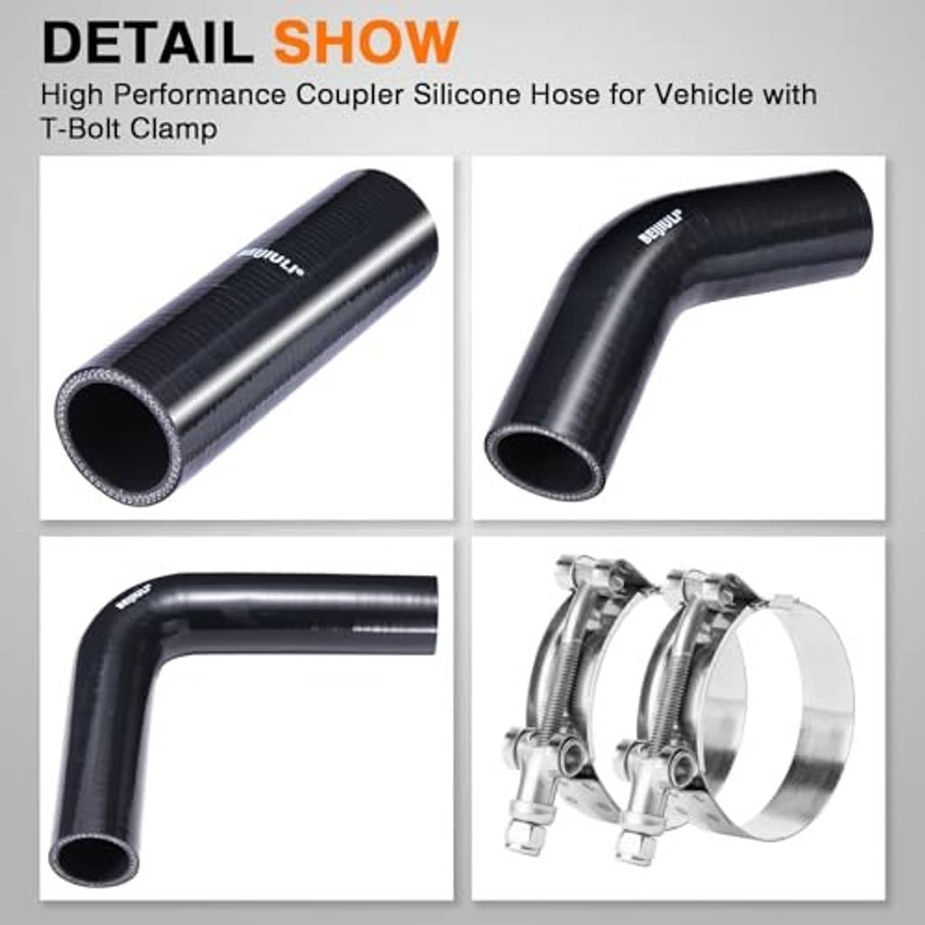 Black silicone coupler hose set with straight and elbow shapes plus T-bolt clamps.