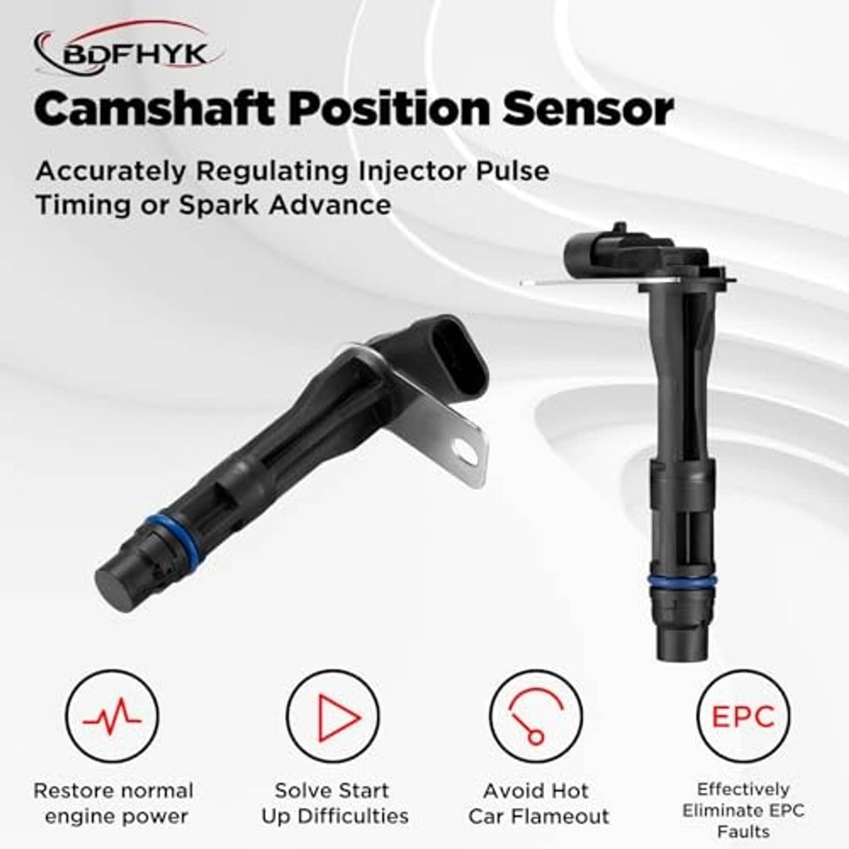 Camshaft position sensor graphic showing black probe, blue sealing ring, and mounting tab.